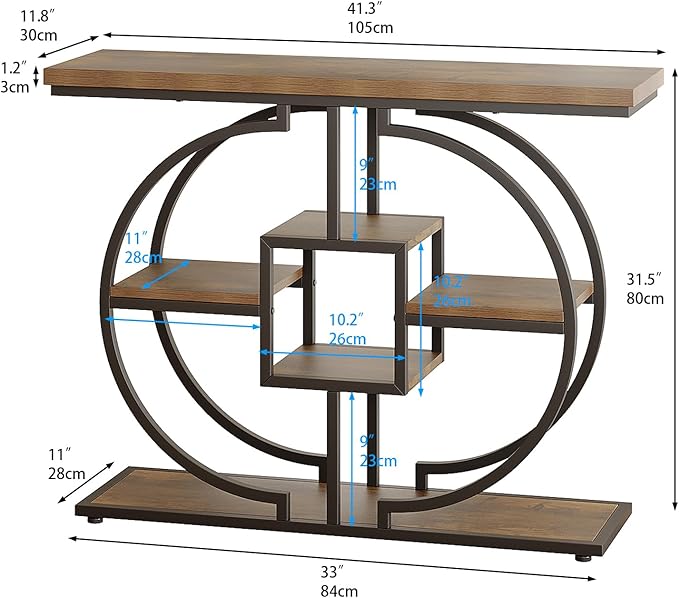 GiftGo Narrow Console Table for Entryway Industrial 4-Tier Sofa Table Behind Couch with Circle Base Rustic Wooden Accent Tables with Storage Shelves for Living Room, Hallway, Foyer (Brown)