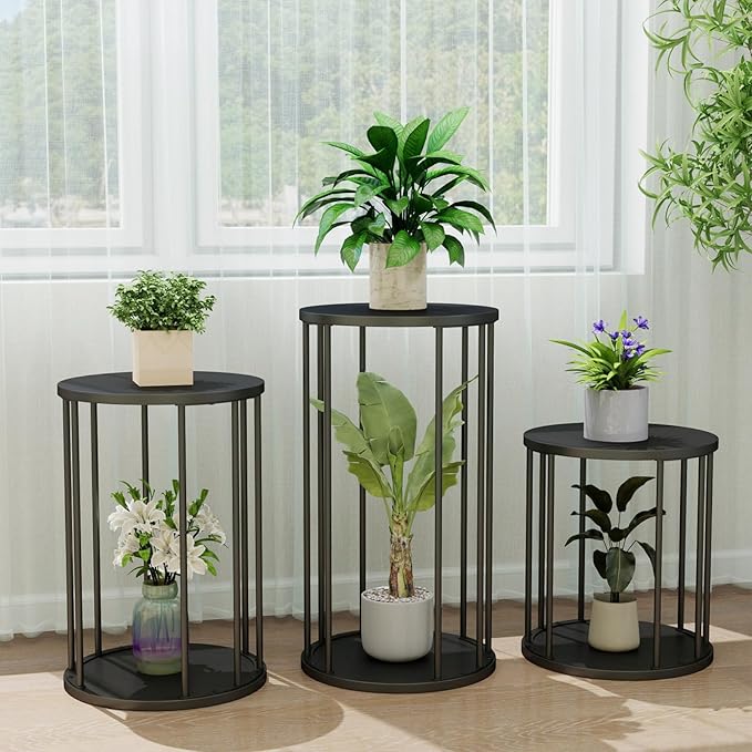 Plant Stand Indoor,small plant stool,Flower Pot Corner stand holder,Mid Century Heavy Duty Metal Tall Home Decor,Modern Round End Table,Small Rustic Display Stand for Living Room,Bedroom(Black,3 Packs)