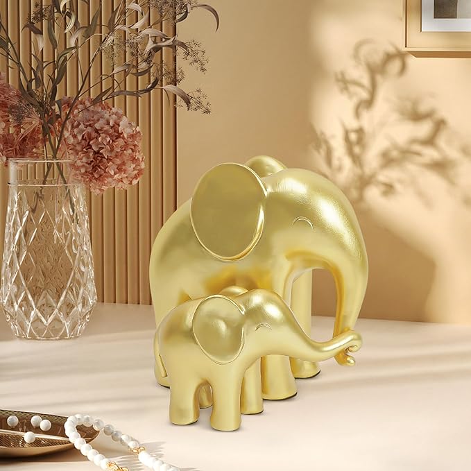 Elephant Figurines Gold Home Decor-Mom and Baby Elephant Statues,House Decorations Living Room,Modern Style Sculptures for Table Bookshelf Office Desktop TV Stand Decor,Gift for Women