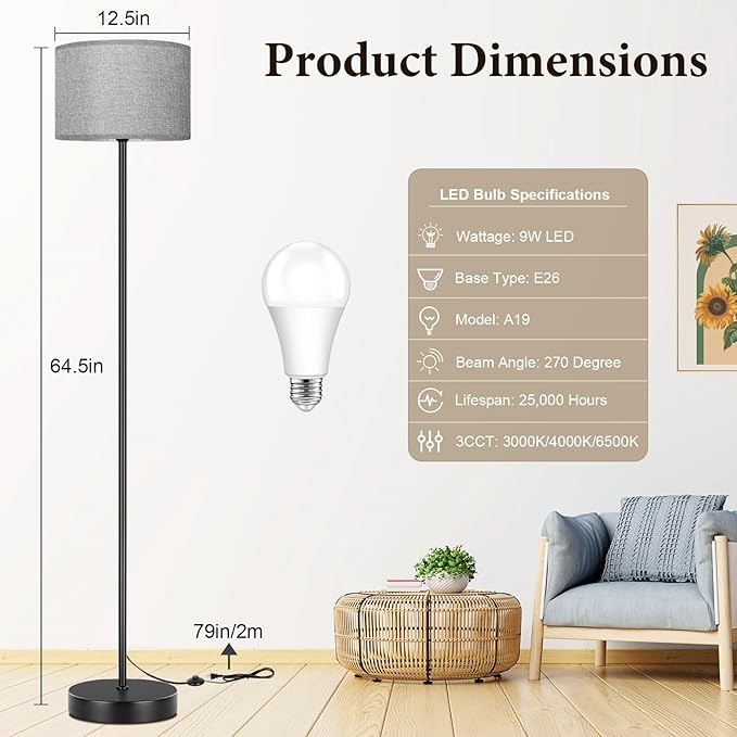 65’’ Tall Floor Lamp for Bedroom, Living Room Pole Floor Light with Grey Shade, Dimmable Standing Floor Lamp with 3-Color Changing LED Bulbs, Simple Design E26 Stand-up Lamp with Foot Switch