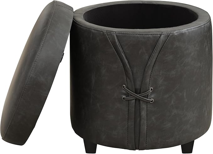 16.5 inch PU Leather Small Round Storage Ottoman, Modern Upholstered Ottoman with Soft Padded Seat, Chic Round Vanity Foot Stool with Removable Lid,Grey