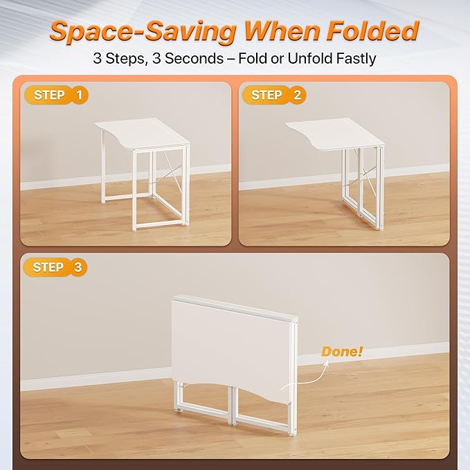 Huuger Folding Desk for Small Spaces, 31.5 Inch Foldable Computer Table, for Home Office, Study, Bedroom, Dorm, Space Saving, Small Writing Work Office Computer Desk, Easy to Fold, White