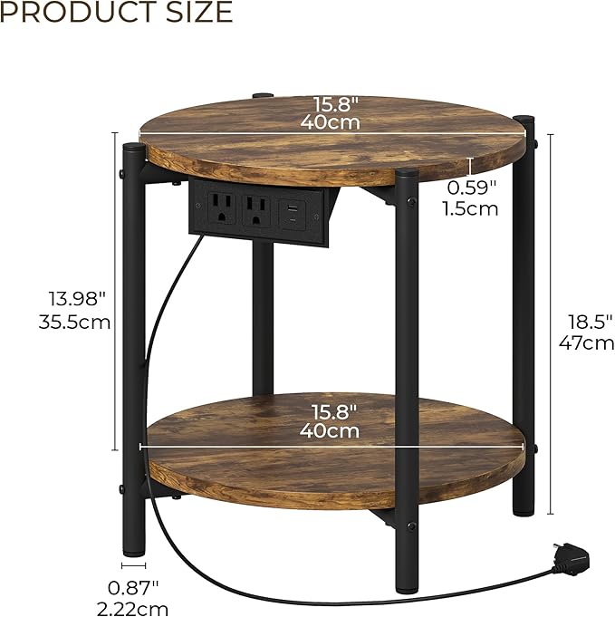 LIKIMIO 15.8" W Small Round Side Table with Charging Station, 2-Tier End Table with Lower Shelf, Wooden Nightstand for Small Spaces, Living Room, Bedroom, Rustic Brown