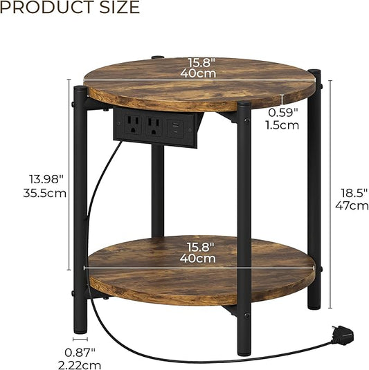 LIKIMIO 15.8" W Small Round Side Table with Charging Station, 2-Tier End Table with Lower Shelf, Wooden Nightstand for Small Spaces, Living Room, Bedroom, Rustic Brown