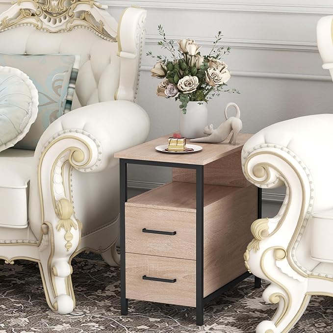 Livofloral Side Tables with Charging Station, Narrow End Table with 2 Wooden Drawers, USB Ports and Power Outlets, Narrow Nightstand and Bedside Table, Side Tables Living Room, Bedroom, Greige