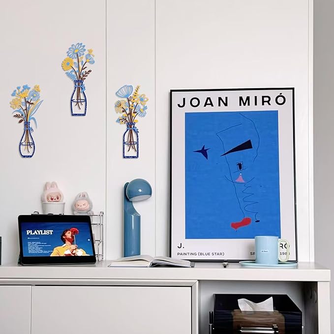 Iron Metal Vase Flower Wall Art Set of 3 - Minimalist Black Floral Decor for Living Room Bedroom Kitchen, Office Garden - Modern Farmhouse Home Decor & Housewarming Gifts (Blue-Yellow)