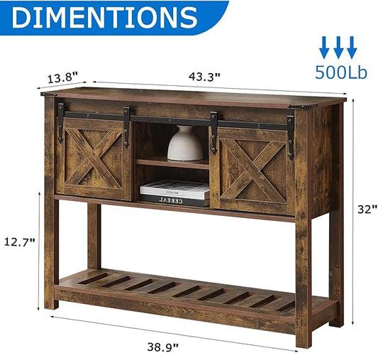 Entryway Table with Storage, Farmhouse Buffet Cabinet Coffee Bar Kitchen Island with Sliding Barn Doors & Shelves, Console Table for Kitchen, Dining Room, Living Room, Brown
