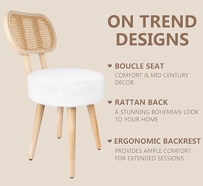 Rattan Dining Chair, Kitchen Dining Room Chairs, Mid Century Modern Boucle Chair, Stylish Upholstered Wood Accent Chair, Cute Sherpa Chair, Living Room Bar Stool Chair, Boho Makeup Vanity Chair, 1 Pc