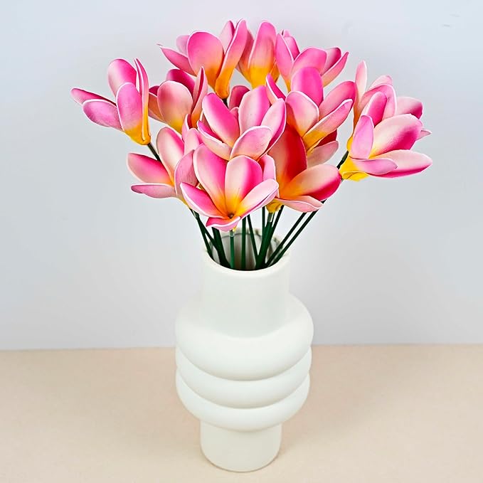 15pcs White Hot Pink Flowers PU Real Touch Lifelike Hawaiian Artificial Flowers for DIY Wedding Bouquets Bridal Shower Centerpieces Arrangements Party Tables Decorations