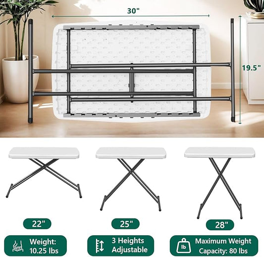 30 Inch Adjustable Height Folding Table, Heavy Duty Foldable Utility Table for Laptop, Dining, Small Spaces, No Assembly, 80lbs Capacity, White Granite