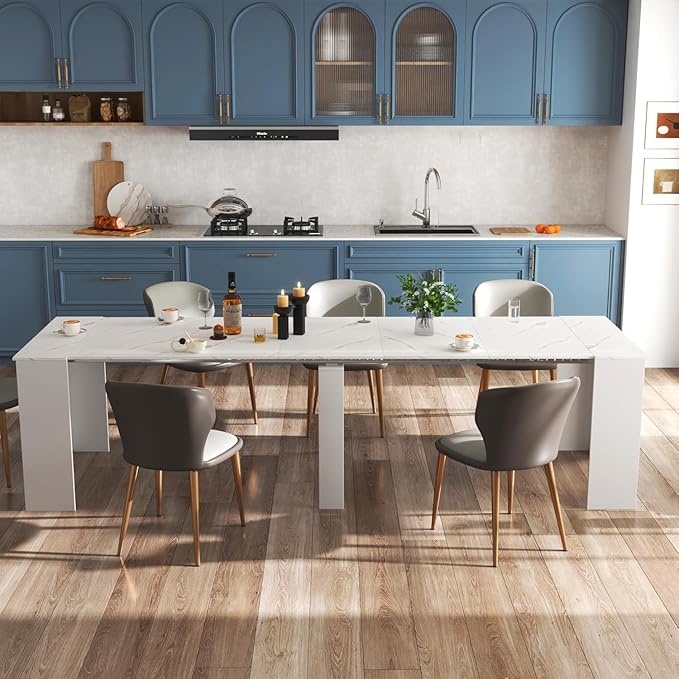 DMAITH 20"-118" White Marble Extendable Dining Table for 2-12 People, Modern Modular Extension Table, Space-Saving Extra Long Folding Dining Table, Multifunctional Conference Meeting Table