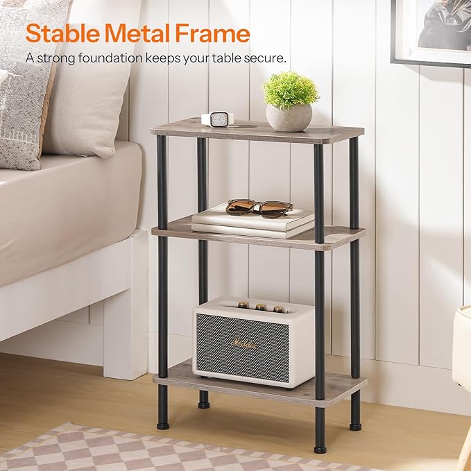 HOOBRO Narrow Side Table, 3-Tier Slim End Table No Tools Needed, Twist-On Assembly, Skinny Nightstand Sofa Storage Shelf for Living Room, Bedroom, Study, Greige and Black BG246BZ01