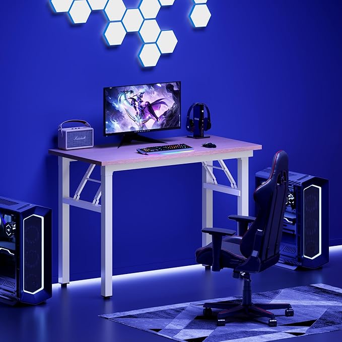 DlandHome Folding Desk Small Desk 31.5 inches Computer Desk for Home Office Folding Table Writing Table for Small Spaces No Assembly Required Pink Oak & White Frame