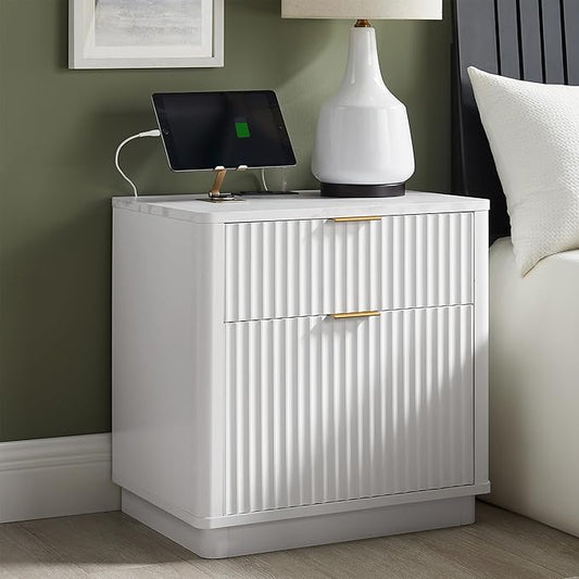 T4TREAM 23'' Fluted Nightstand Set of 2 with Charging Station, Large 2 Drawer Bedside Table, Modern End Table with Storage, Mid Century Night Stand for Bedroom Living Room, Curved Profile, Solid White