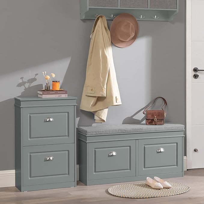 Haotian Grey Storage Shoe Bench with 2 Flip Drawers & Padded Seat Cushion, Enterway Bench Shoe Cabinet Shoe Organizer, Hidden Shoe Rack for Hallway, Bedroom FSR64-HG