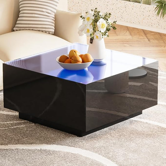 Modern White LED Coffee Table with 5mm Frosted Tempered Glass Top, High Gloss Finish, 16-Color App-Controlled Lights, Sturdy MDF Base, Easy Assembly, 27.56"x27.56"x13.78"