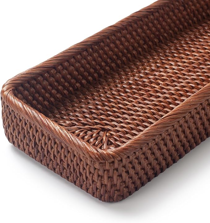 Rattan Bathroom Vanity Trays Toilet Tank Baskets Long Narrow Hand Towel Storage Basket for Storage, Decorative (Honey Brown 16.3 x 6.1 x 2 inch)