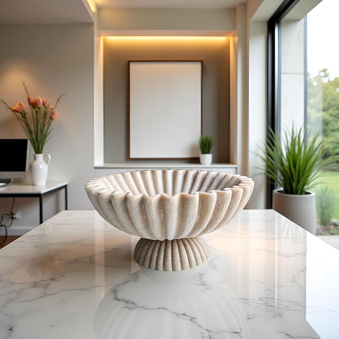 10" Large Decorative Bowl decor, Scalloped Bowls for Modern Home Decor,Ruffle Decor,Stylish Key Bowl for Entry Table,Decorative Fruit Bowl for Kitchen Counter,With base,Artificial Stone Beige