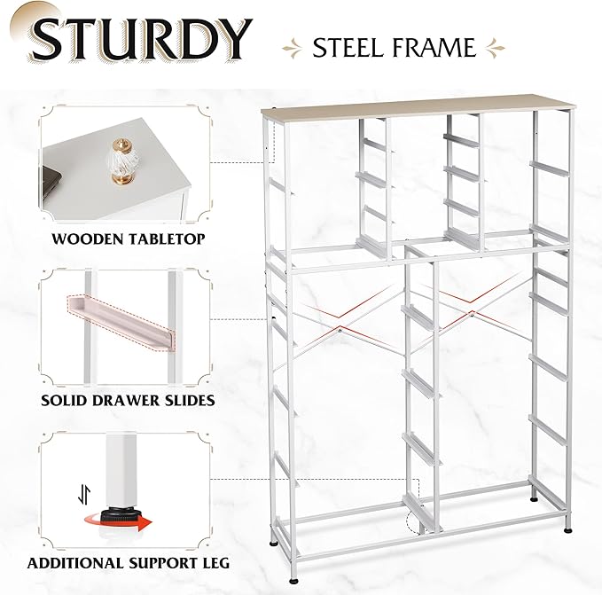 Tall Console Table with 16 Fabric Drawers, Entryway Table with Storage, Large Storage Organizer with Wood Top, Steel Frame for Living Room, Hallway, Office, White