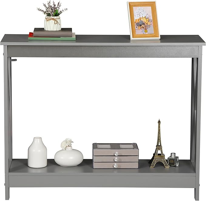 ZenStyle Sofa Side Console Table with 2 Storage Shelves Narrow Accent Table for Entryway/Hallway/Living Room, 39.3in L x 11.8in W x 31.6in H (Grey, 39.3 inch)