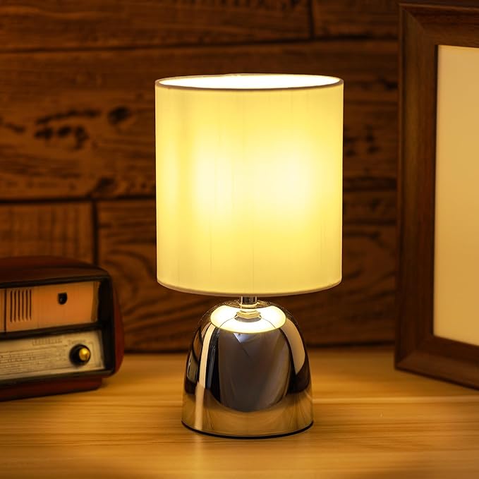 Small Modern Touch Eye Protection Bedside Table Lamp, 5.5 x 5.5 x 10 Inch Farmhouse Table Lamps, Silver Metal Base Table Lamp for Living Room Bedrooms and Office (White Fabric Lampshade)