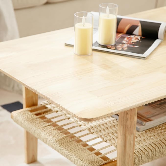 Farmhouse Coffee Table with Rattan Storage Boho Mid Centry Modern Center Table with Under Shelf Wood Living Room Table with Woven Shelf Underneath for Living Room Lounge, Natural Color