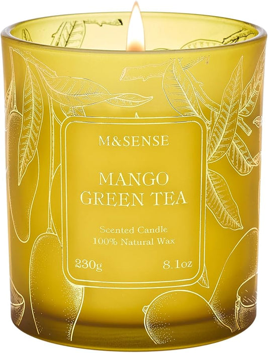 M&SENSE Tea Scented Candles, Vegan Soy Wax, Naturally Scented Mango Green Tea No Toxin 8.1oz Long Lasting 42-Hour Burn Time Relaxing, Aromatherapy, Meditation Candles for Home