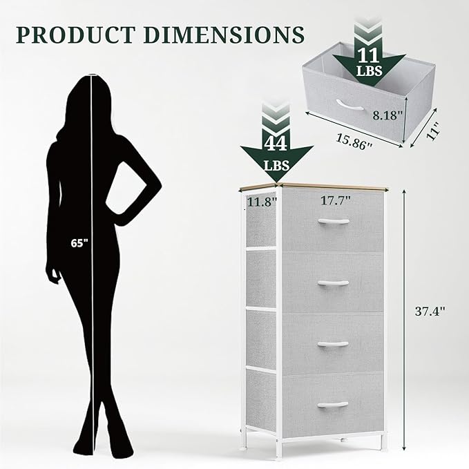 Nightstand, 4 Drawer Dresser End Table Bedside Furniture with Wooden Top Steel Frame Fabric Bins for Bedroom, Closet, Entryway, Dorm, Living Room, Light Gray