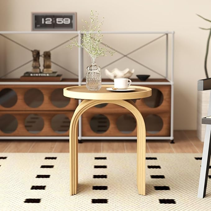 VESCASA 17.75" W Round Sofa Side Table, Modern Nightstand with Arched Wooden Legs, Small Accent End Table for Living Room, Bedroom, Natural Wood