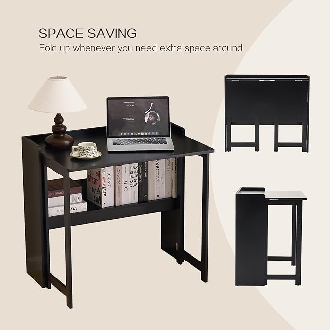 Folding Table with Storage Shelf,32.7 Inch Foldable Computer Desk for Small Spaces,Small Writing Desk for Bedroom Home Office Dorm and Apartment (Black)