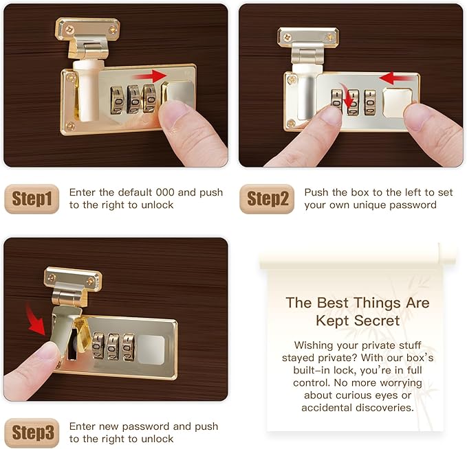 Large bamboo box, locked storage decorative box with combination lock, wooden lock box with lid, wooden locked storage box with removable tray and jars(Walnut)