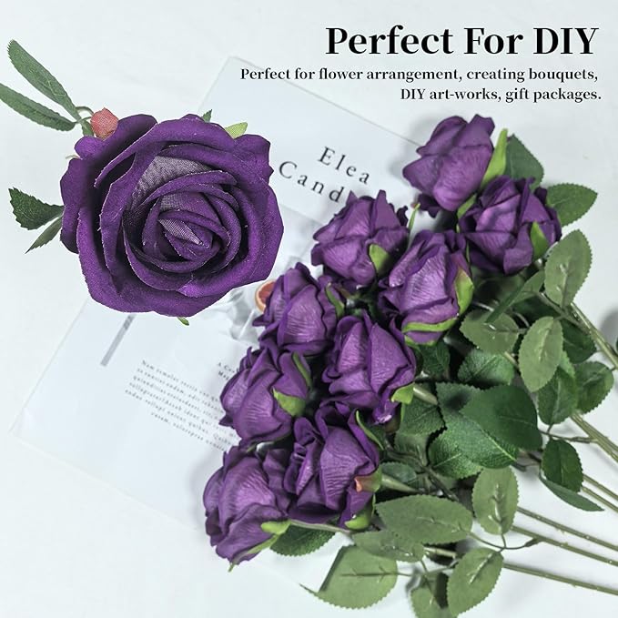 10 PCS Artificial Roses with Long Stems Silk Flowers Realistic Foam Flowers Fake Roses for Valentine's Day Home Wedding Halloween Decor(Dark Purple)