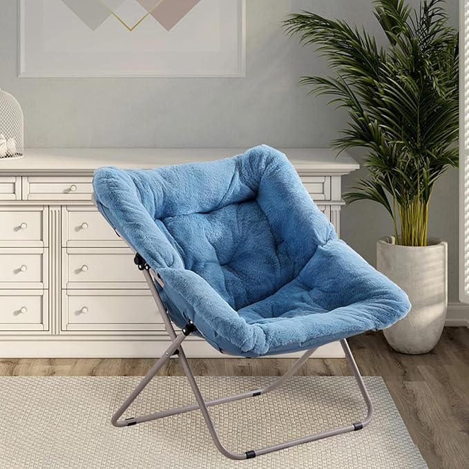 Saucer Chair, Comfy Bedroom Chairs, Oversized Folding Faux Fur Chair, Foldable Metal Frame Chair for Bedroom, Living Room, Balcony, Patio (Blue)