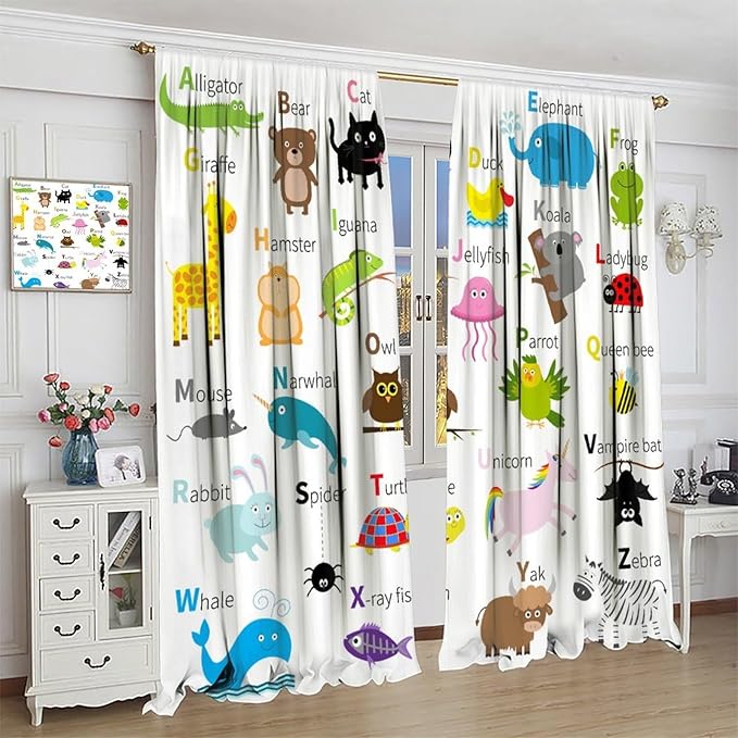Alphabet Curtains, Cute Cartoon Animals Pattern Blackout Print Window Drapes for Bedroom Living Room 52x84 Inch