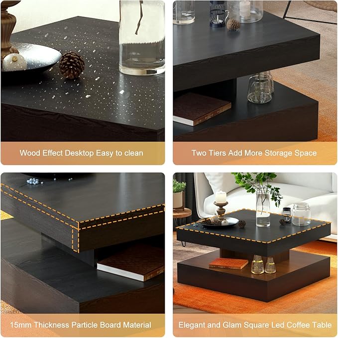Black Led Coffee Table for Living Room, Square Living Room Table with Storage, Wooden Center Table Modern High Glossy Coffee Tables with 16 Colors LED Lights for Dining Room