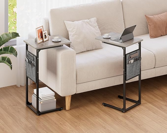 Vagusicc C Shaped End Table, Small Side Table for Couch, Couch Side Table C Table for Small Space, TV Tray Slide Under Sofa Snack Table with Metal Frame for Living Room, Bedroom, Bedside, Grey