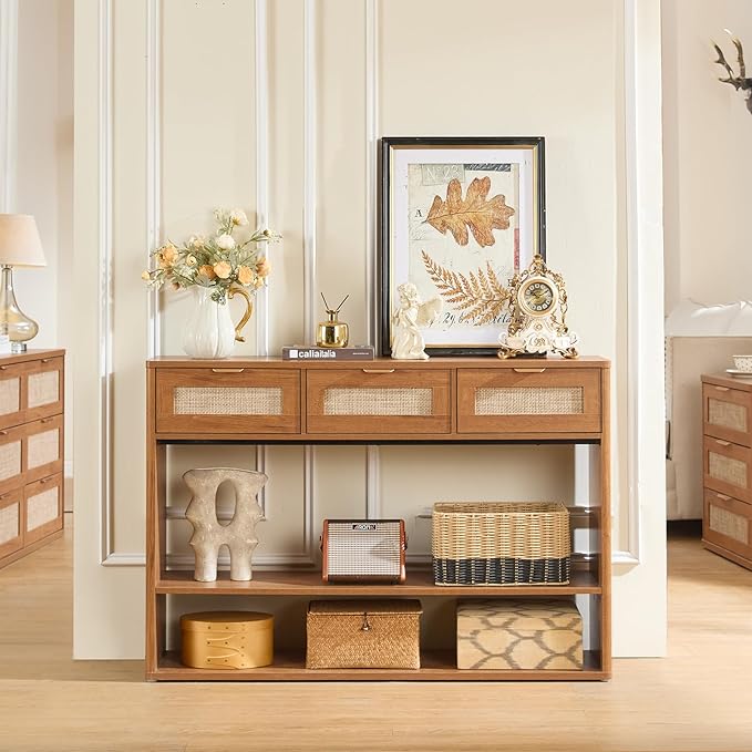 LEYAOYAO 48" Boho Rattan Console Table with 3 Drawers, 3 Tier Wooden Entryway Table with Open Storage Shelf, Narrow Long Behind Couch Sofa Tables for Living Room, Hallway, Entrance, Brown