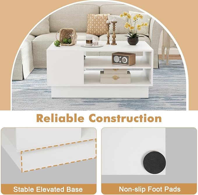 Giantex Coffee Table with Storage, 2-Tier Rectangle Accent Sofa Table with Shelf & Elevated Base, Modern Geometric Center Table for Living Room, Reception Room, Lounge, White