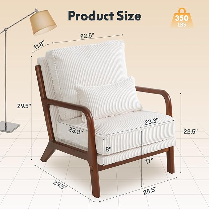FLEXISPOT AC1 Accent Chairs Set of 2, Upholstered Mid Century Modern Corduroy Armchairs with Solid Wood Frame, Comfy Lounge Reading Chairs Farmhouse Armchairs for Living Room, Bedroom, Balcony (White)