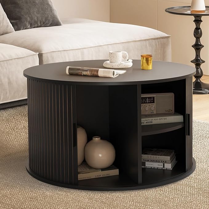 Coffee Table with Storage,31.5" Wood Round Coffee Table Hidden Storage and Open Shelves with 360°Curved Sliding Door,for Living Room Office Apartment,Black