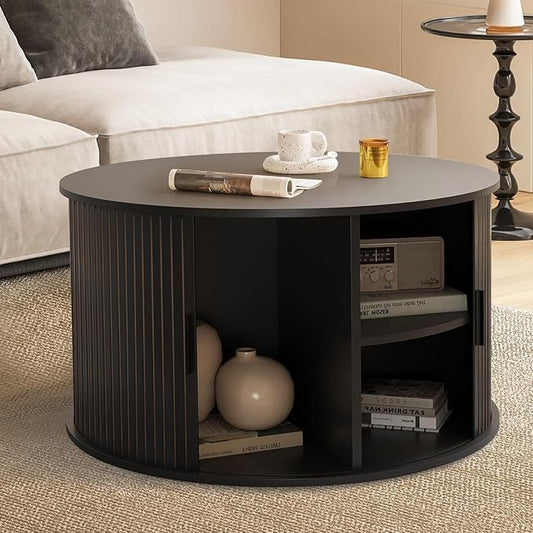 Coffee Table with Storage,31.5" Wood Round Coffee Table Hidden Storage and Open Shelves with 360°Curved Sliding Door,for Living Room Office Apartment,Black