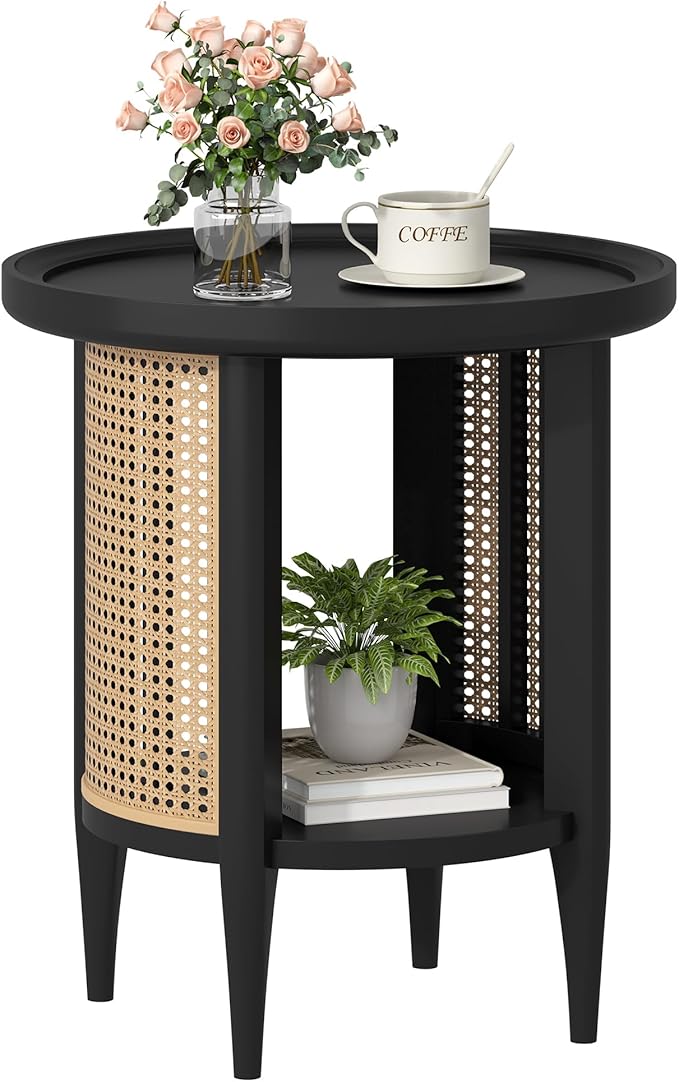 Yusong Round End Table Rattan Style Side Table with Solid Wood Legs, Boho Style Nightstand Bedside Table with 2-Tier Shelves, Small Coffee Table for Living Room Bedroom Small Spaces Black