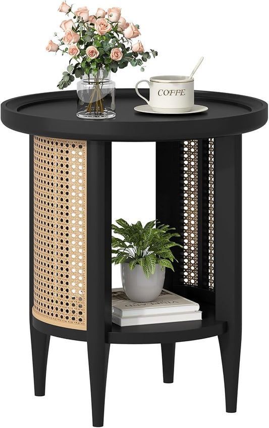 Yusong Round End Table Rattan Style Side Table with Solid Wood Legs, Boho Style Nightstand Bedside Table with 2-Tier Shelves, Small Coffee Table for Living Room Bedroom Small Spaces Black