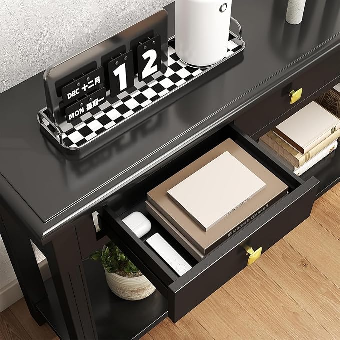 59.1 Inch Extra Long Console Table Black - Modern Entryway Table with Drawers & Storage, Narrow Sofa Table for Living Room