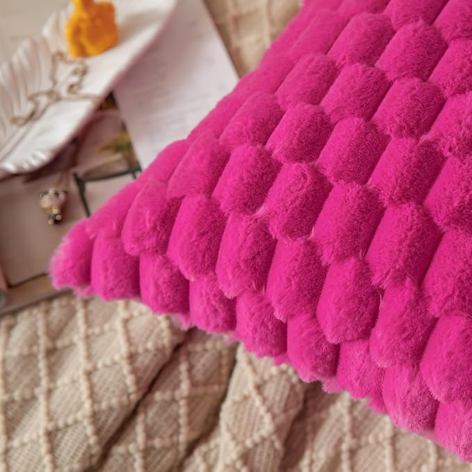 MANDIOO Pack of 2 Hot Pink Super Soft Plush Fluffy Decorative Throw Pillow Covers 18x18 inch Faux Fur Wool Velvet Cushion Covers Pillow Cases Couch Sofa Bed Living Room