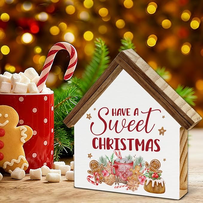 Christmas Kitchen Decor, Have a Sweet Christmas House Shaped Wood Block Sign Gingerbread Hot Cocoa Decor Xmas Holiday Kitchen Hot Cocoa Bar Decorations for Desk Table Shelf