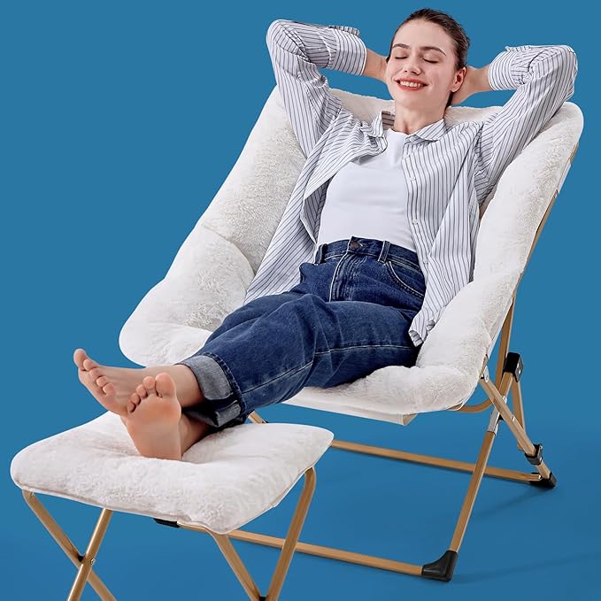 OAKHAM Comfy Chair for Adults, Soft Faux Fur Folding Lounge for Bedroom Living Room Dorm Rooms Flexible Reading Chair for Teens Kids, X-Large Foldable (Ottoman-White)