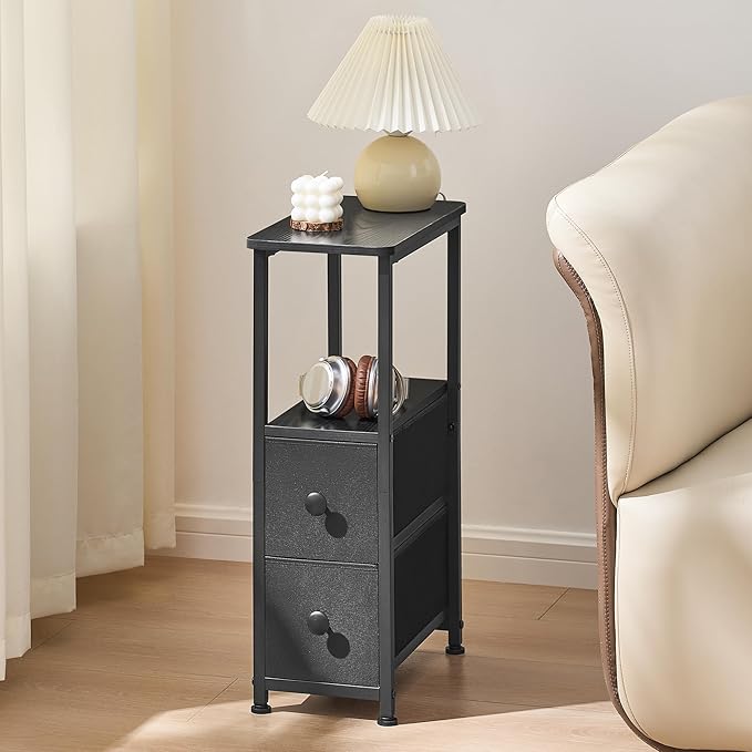 End Table, Narrow Side Table with 2 Fabric Drawers, Slim Nightstand, Small Bedside Table with Storage, Living Room, Bedroom, Black HKET1200BK