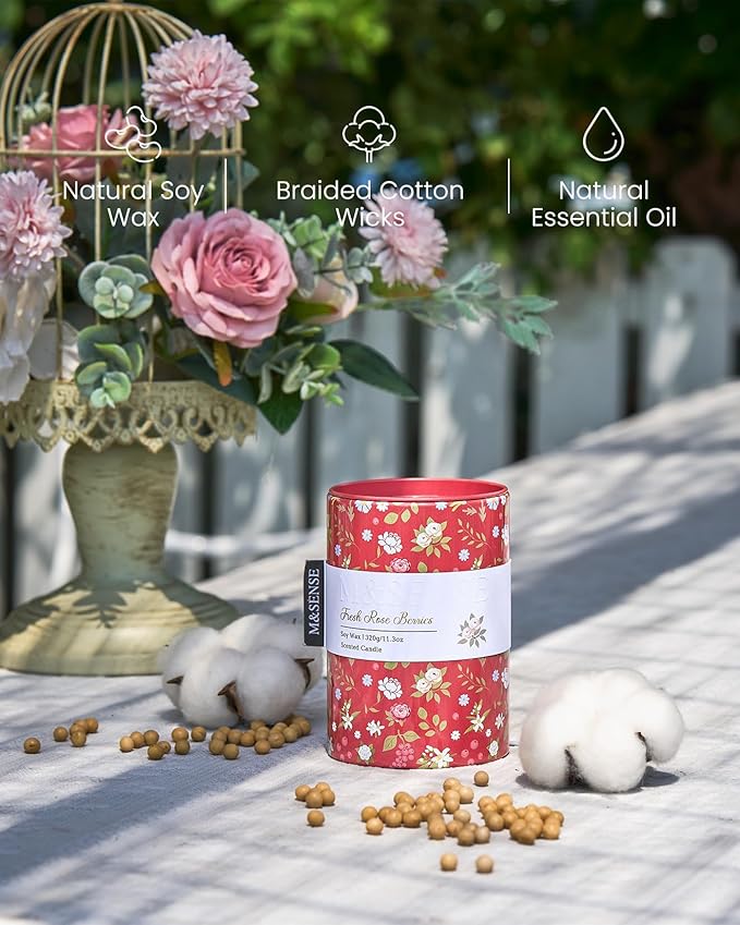M&SENSE Fresh Rose Berries Scented Candle, Medium Jar Candle 11.3oz Natural Soy Wax for Home Scented, Floral Candles Gift for Spring Holiday, Up to 70 Hours Burning Long-Lasting Fragrance