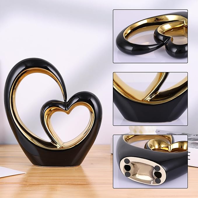 LCCCK Porcelain Double Heart Decor,Black and Gold Sculpture Home Decor for Living Room Entryway Coffee Dining Table Shelves, Wedding Anniversary, Valentine's Gift for Couples & Lovers Modern